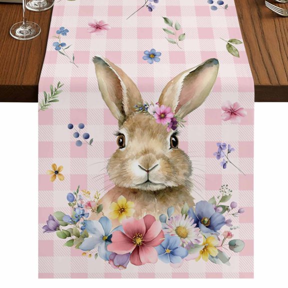 Table Runners 72 Inches Long Dress Scarves, Bunny Easter Farmhouse Kitchen Table Runner, Coffee Tablerunners, Pink Plaid Spring Floral Pastoral 16x72 Inch