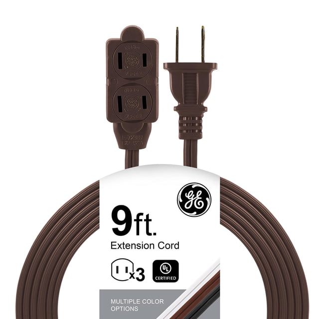 GE Designer - Extensión trenzada, 3 tiras, salidas de 2 dientes, enchufe plano, cable de alimentació