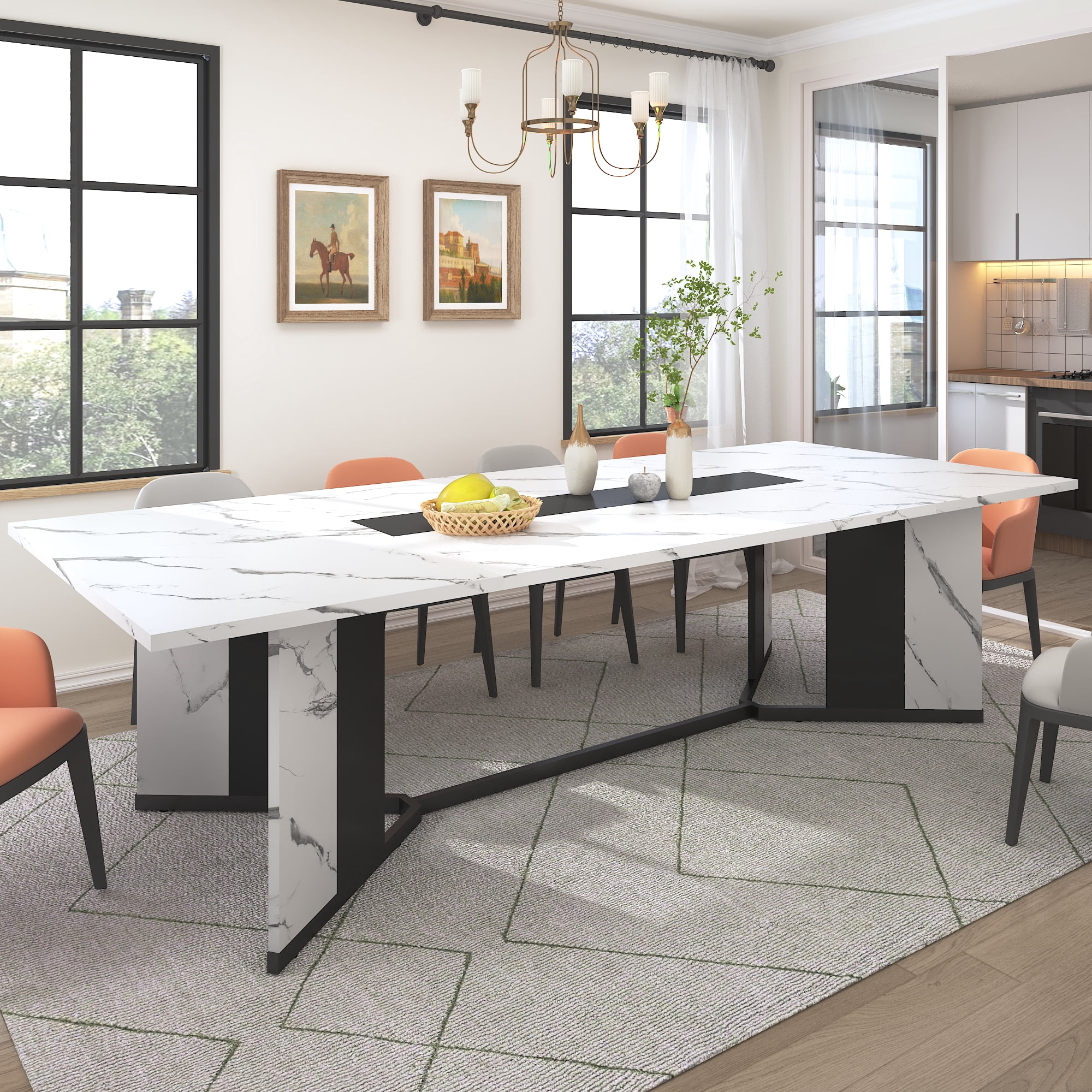 95 inch Large Rectangular Dining Table for 10-12 People, Dining Table with Marble-Color Wood Waterproof Tabletop and Adjustable Leg, 7.9ft Luxurious Family Dinner Table for Office Kitchen Living Room