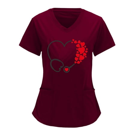 

Ecqkame Women Scrubs Top Clearance Women V-neck Solid Color Overalls Partial Positioning Printing Short Sleeve Working Uniform Tops Wine XL