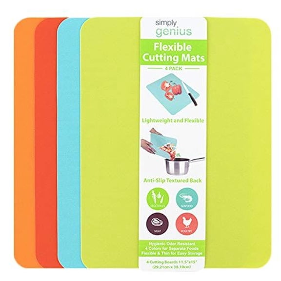 Simply Genius Flexible Cutting Board Set - Color-Coded Plastic Cutting Board Mats - Dishwasher-Safe Chopping Surfaces - Space-Saving Kitchen Mat Storage - 4-Pack Multicolor 11.5 x 15 in