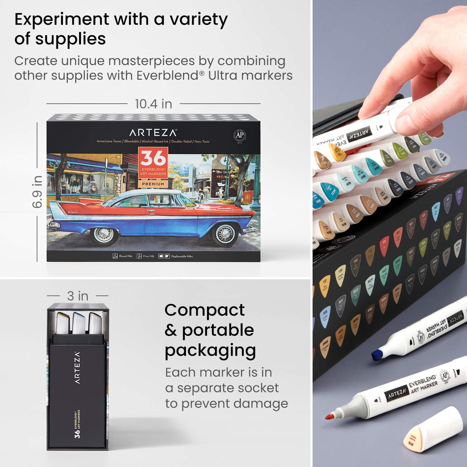 Arteza Professional Everblend Dual Tip Ultra Artist Brush Sketch Markers, America Tones, Alcohol-Based, Replaceable Tips - 36 Pack