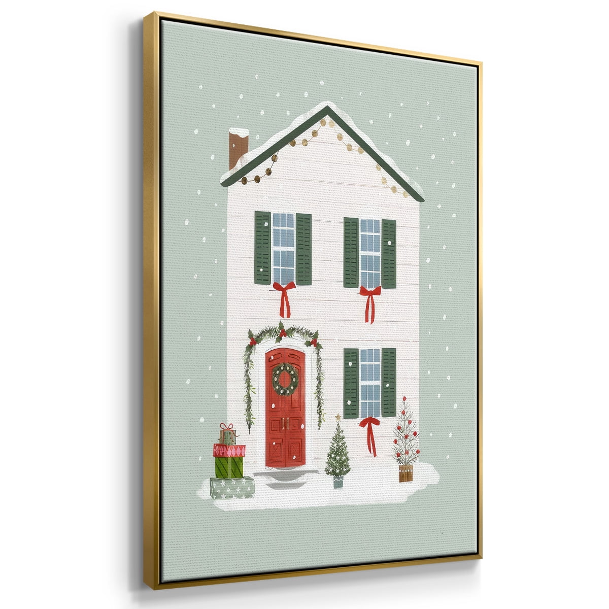 Festive Front Door III - Framed Gallery Wrapped Holiday Canvas - 17 x 25 - Gold Frame
