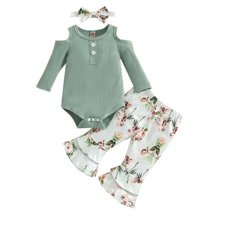 

Xingqing 3Pcs Baby Girls Casual Outfits Cold-Shoulder Ribbed Bodysuit Flower Print Flared Pants Bow Headband 6-12 Months