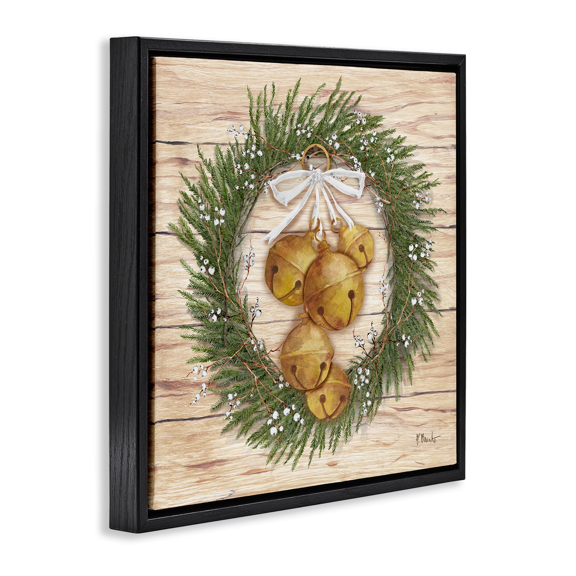 Stupell Industries Winter Bells Wreath Holiday Painting Black Floater Framed Canvas Art Print Wall Art, 25 x 25