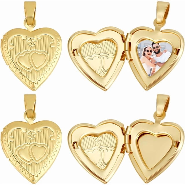 1 caja de 6 dijes de medallón de corazón de oro de latón chapado en oro real de 18 quilates, colgante de medallón de recuerdo con marco de fotos para el Día de San Valentín.