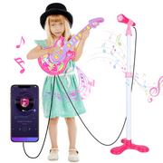 UUGEE Kids Guitar Electric Pretend Play Musical Instrument Toy for 3 4 5 6 7 Year Old Toddler Girls with Mic Stand, Pink