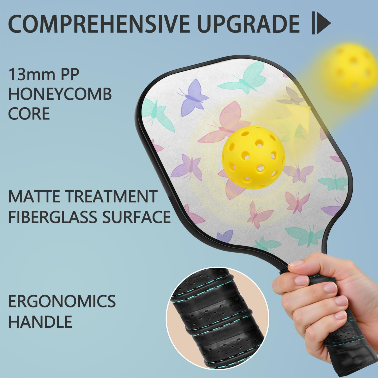 Pickleball Paddles Set Of 1, Fiberglass Surface, Boho Butterfly Decor, 1 Paddle, 2 Balls & Bag