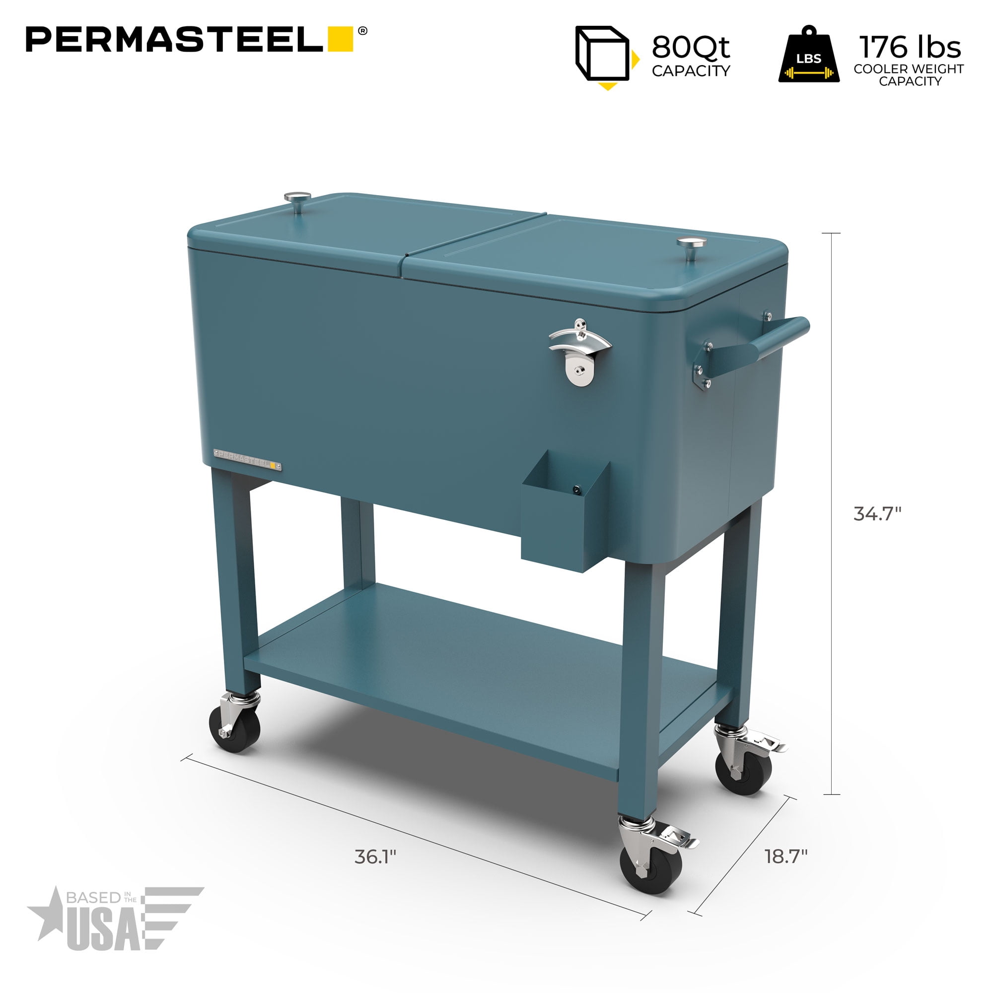 Permasteel 80-Qt Party Cooler with Divider, Removable Basin, Chills 36hrs, Serving Tray, Rolling Steel Ice Chest for Indoor & Outdoor, Matte Teal