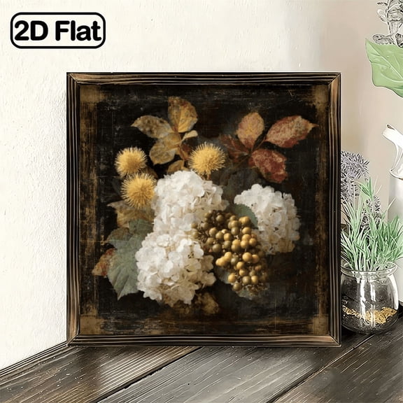 8x8 Inch Vintage Hydrangea Foliage Floral Wall Art Rustic Recycled Wood Frame Horizontal Wall Decor with Botanical Print, Farmhouse Style Home Decoration for Living Room, Kitchen, Bedr
