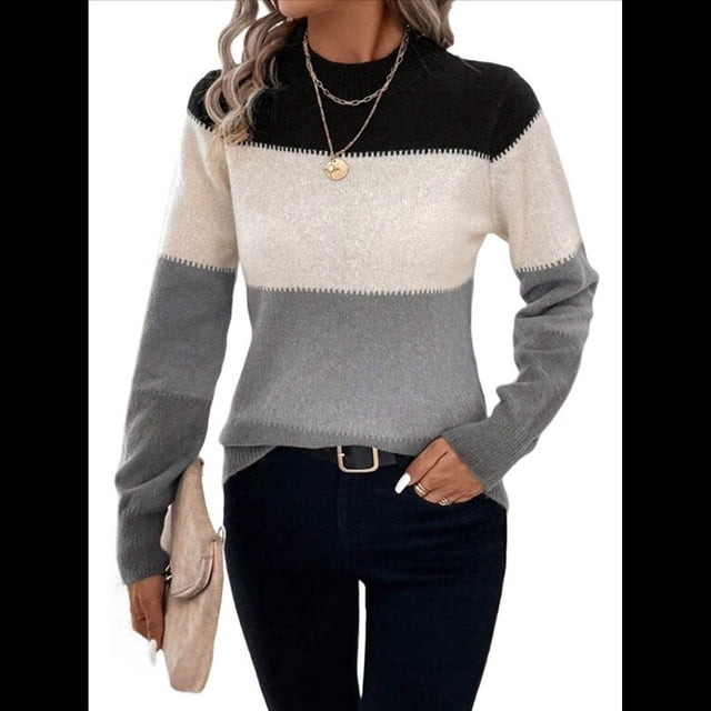 Suéteres de Bloque de Color para Mujer, Blusas de Larga con Cuello Alto, Suéter de Punto Holgado. Gris M