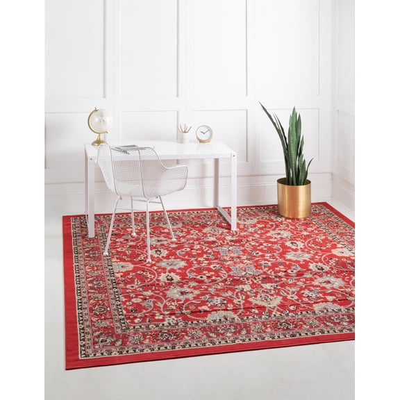 Unique Loom Sialk Hill Collection Area Rug - Washington (7' 10" Square Red/Black) Floral Traditional Perfect For Living Room Bed Room Dining Room Office