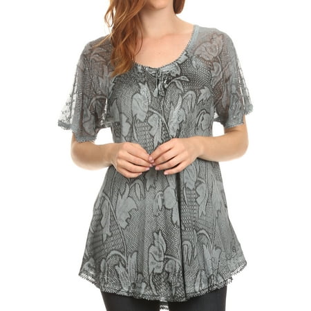 Blue Jeans Clothes - Sakkas Maliky Wide Corset Neck Floral Embroidered Cap Sleeve Blouse Top Shirt - Grey - One Size Regular