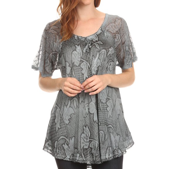 Sakkas Maliky Wide Corset Neck Floral Embroidered Cap Sleeve Blouse Top Shirt - Grey - One Size Regular
