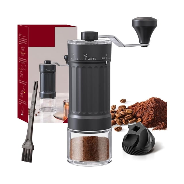 Molinillo de Café Manual Grosor Ajustable, Molinillo Cafe Manual con Mango Plegable y Inoxidable Mecanismo Cónico, Coffee Grinder Portátil con Tarros de Cristal para Espresso y Prensa Francesa