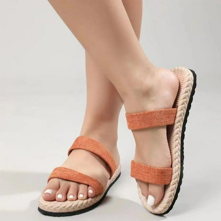 

Womens Sandals Gnobogi Womens Summer Slippers Solid Color Round-head Flax Sandals Flat Beach Slippers Beach Holiday Shoes Orange