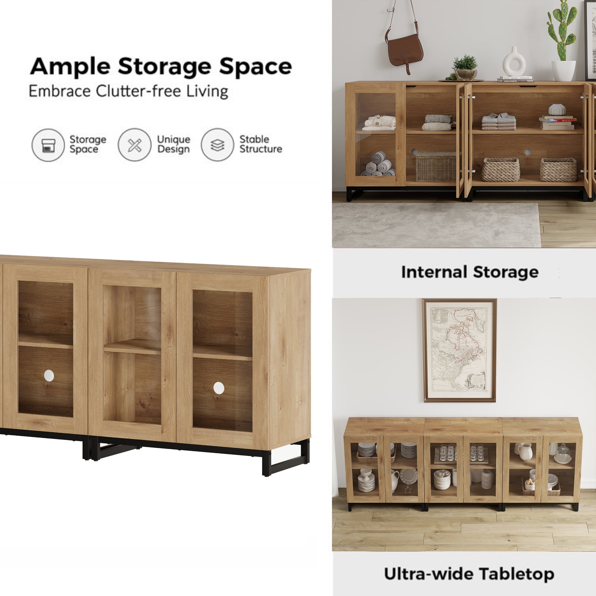 WAMPAT 3 in 1 Multifunctional Sideboard Buffet Cabinets with 6 Glass Doors, Modern Sideboard Credenza with Adjustable Shelf, Coffee Bar Storage Cabinet for Living Room, Kitchen, Oak