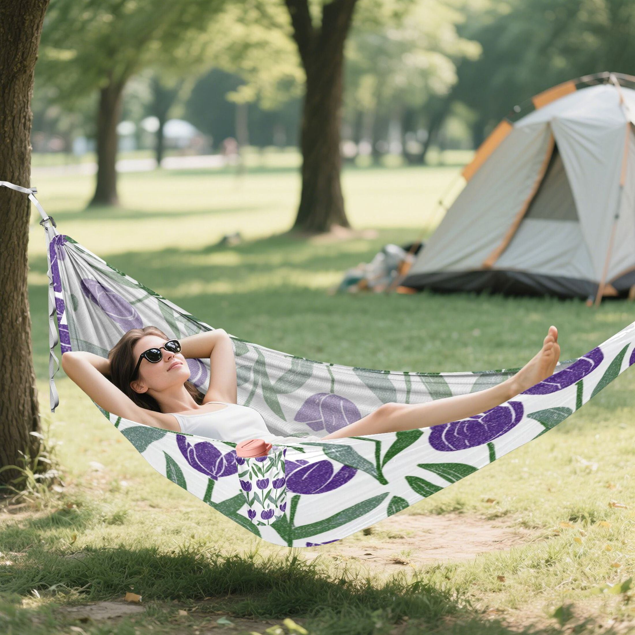 Hanging Hammock Portable Travel Camping For Outdooor Beach Camping Hiking Purple Tulips