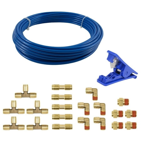 DOT Push-to-Connect Air Brake Kit - Includes 3/8 Union Tee Brass Union Connector Male Connector 90° Elbow & 1/2 Blue Plastic Hose Cutting Tool