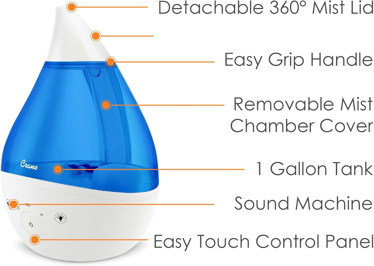 4-in-1 Drop 2.0 Ultrasonic Cool Mist Humidifier with Sound , Night Light, Tray, 1 Gallon Top Fill, Blue & White