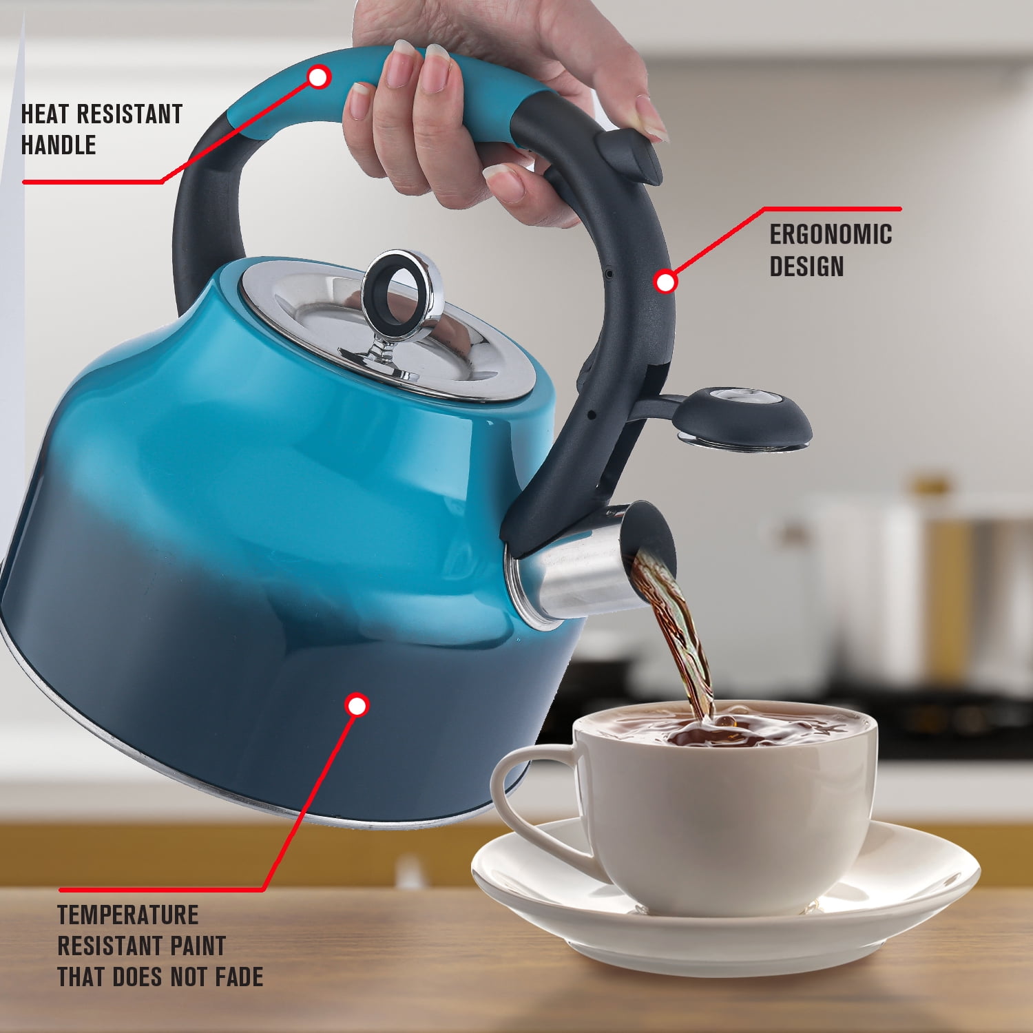 Emeril Lagasse 2.6 Quart/2.5 Liter Whistling Tea Kettle, Stainless Steel Tea Pot for Induction Stove Top, Fast to Boil Water for Home Kitchen Condo, with Ergonomic Cool Grip Handle, Blue