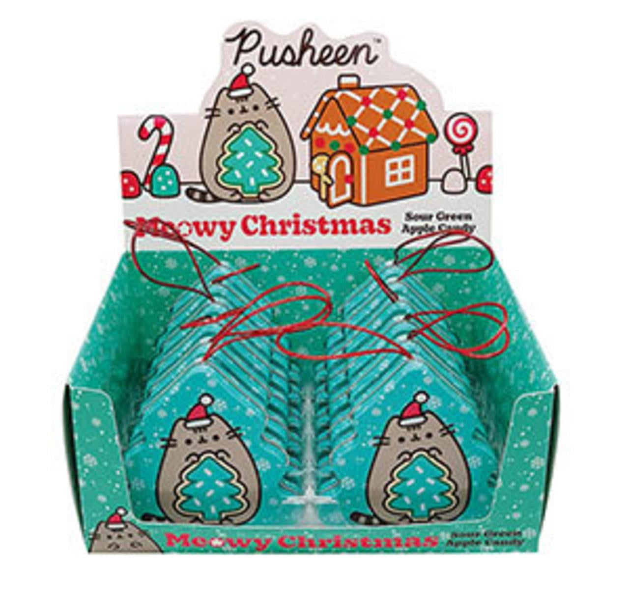 Pusheen Meowy Christmas Tin, 1.4 Ounces of Sour Green Apple Tree-Shaped Candies - 12 Count Display Box