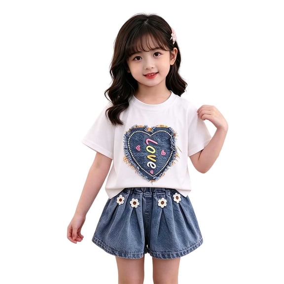 Cethrio Girls Cotton Outfit Sets Size 5T, 2 Piece Cute Short Sleeve T-shirts and Denim Shorts Sets White