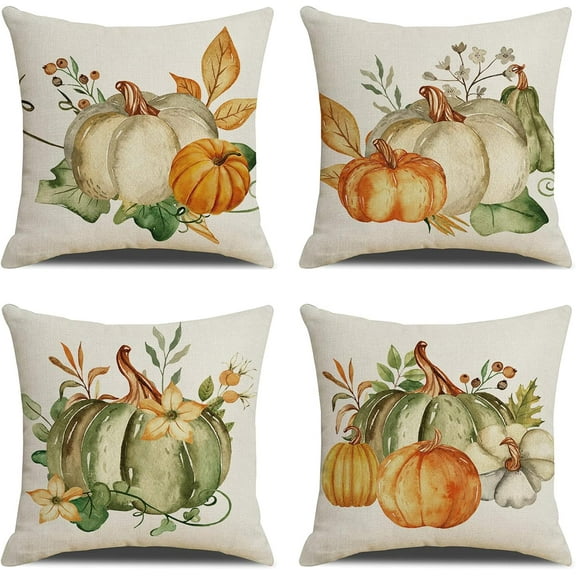 Fall Pumpkin Throw Pillow Covers Autumn Thanksgiving Throw Pillow Covers Full Flax Cute Throw Pillow Case Set of 4 (18 x 18) for Sofa Bed Home Decor