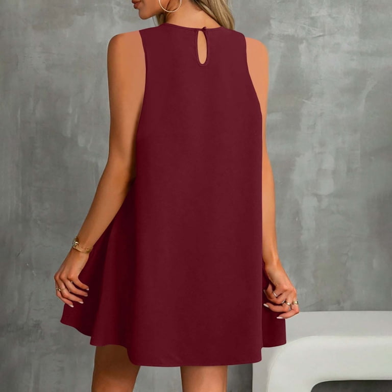 Fnooota Women's Summer Dresses with Pleated, Sleeveless Loose Fit Vacation Casual Midi Dress Wine Size XL, Red