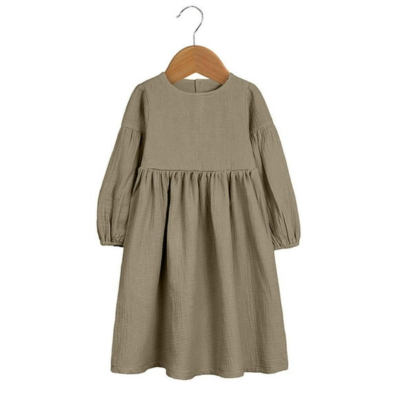 HOMADLES Toddler Girls Dress Long Sleeve Crewneck Cotton Linen Solid Kid Girls Clothing Leisure Soft Layered Princess Dress Coffee 2 T