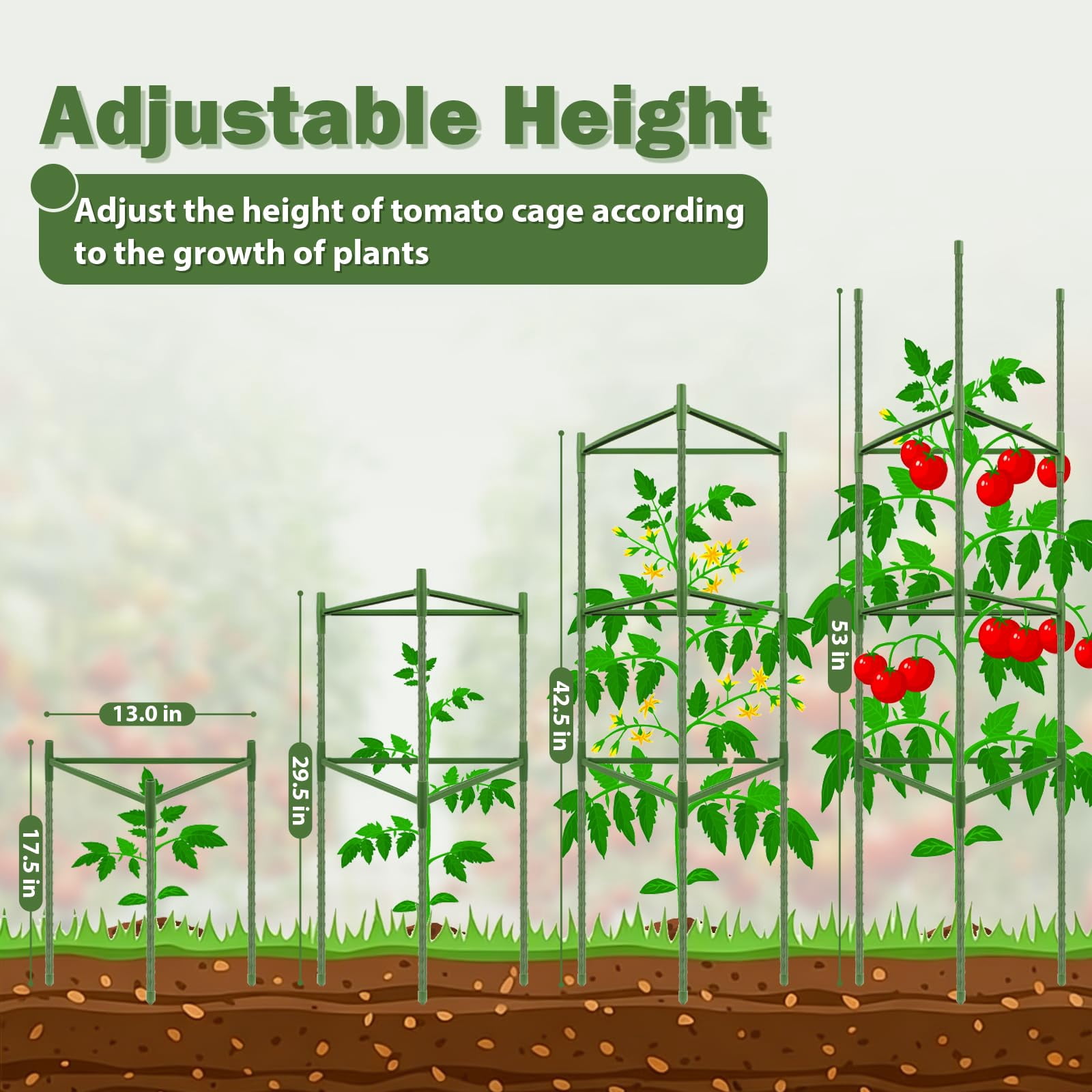 6 Pack Tomato Cage For Garden Plant Supports  Up To 53 Inch Trellis Potted Plants Heavy-duty Stakes Climbing Vegetables Cucumber Peony Flowers Green