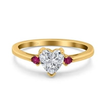 Yellow Tone, Simulated Cubic Zirconia Size-8 Art Deco Heart Three Stone Wedding Bridal Ring Round Ruby CZ 925 Sterling Silver