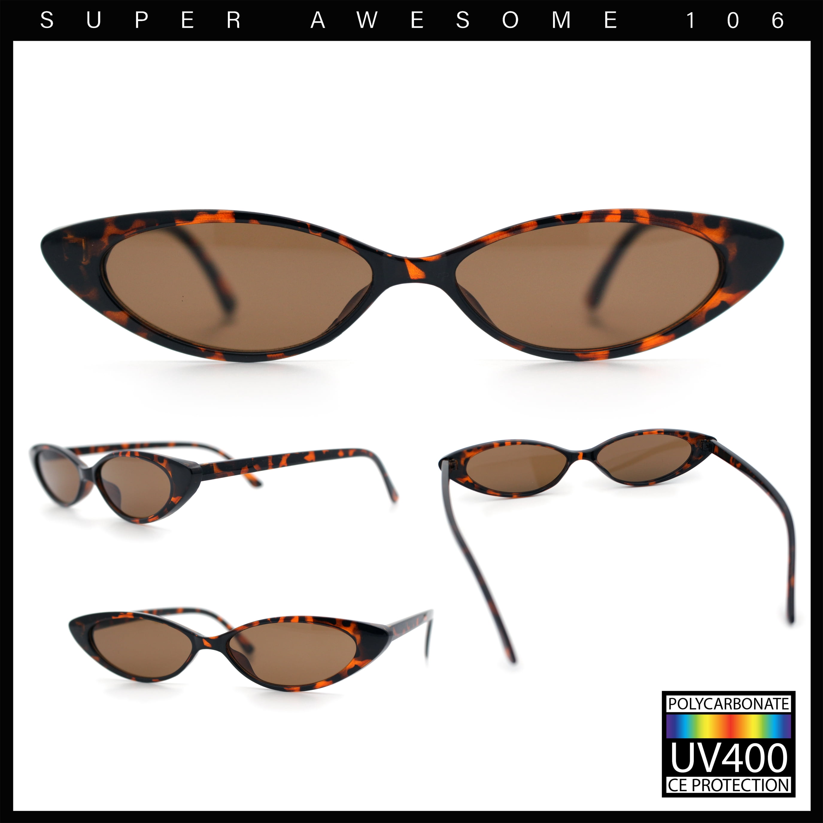 SA106 Women's Narrow Thin Cat Eye Plastic Gothic Retro Sunglasses, Tortoise Brown, 1