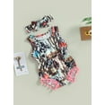 thumbnail image 3 of Suealasg Western Infant Baby Girls Outfits Sleeveless Crew Neck Cow Print Tasseled Balls Romper with Bowknot Hairband 2Pcs Summer Clothes Set 0-18M, 3 of 9