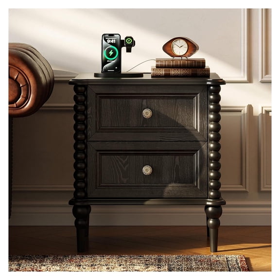 Black Wooden Nightstand with 2 Drawers, Metal Handles, Built-in USB/Type-C Charging Ports and Outlets - Traditional End Table for Bedroom or Living Room