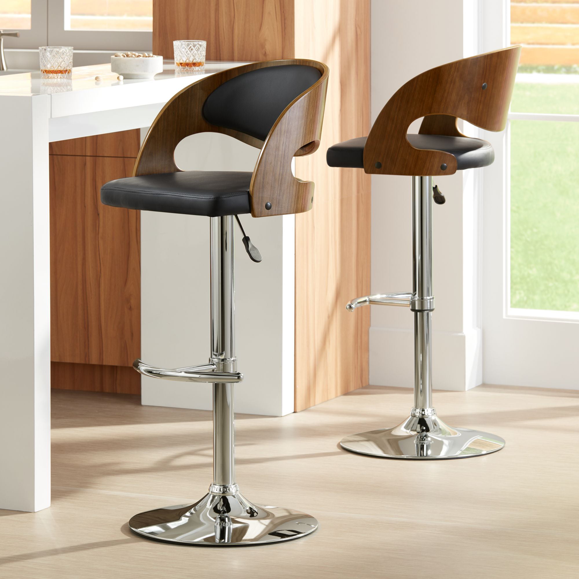 Faux Leather Swivel Bar Stools Set, Leather Swivel Bar Stools With Backs And Arms