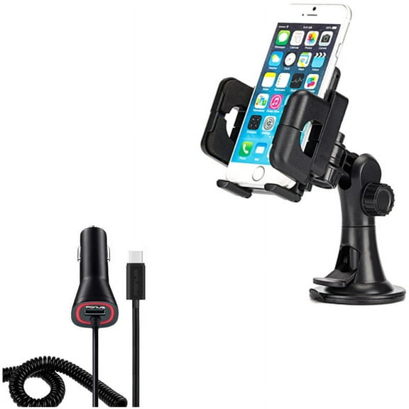 Windshield Dash Car Mount w Power Type-C Quick Charger D1P for Motorola Moto Z2 Force Z Force Droid X4 G7 Power Play G6 - Nokia 3.1, 7.1, 8, Plus - OnePlus 5T, 6, 6T, 7 Pro - Razer Phone 2