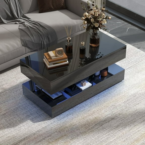 Modern 2-Tier High-gloss Surface LED Coffee Table, with 16 Color Options and 4 Lighting Modes, Stylish Glass Top Design, with Anti-Scratch Feet & Silent Slide Storage, Black