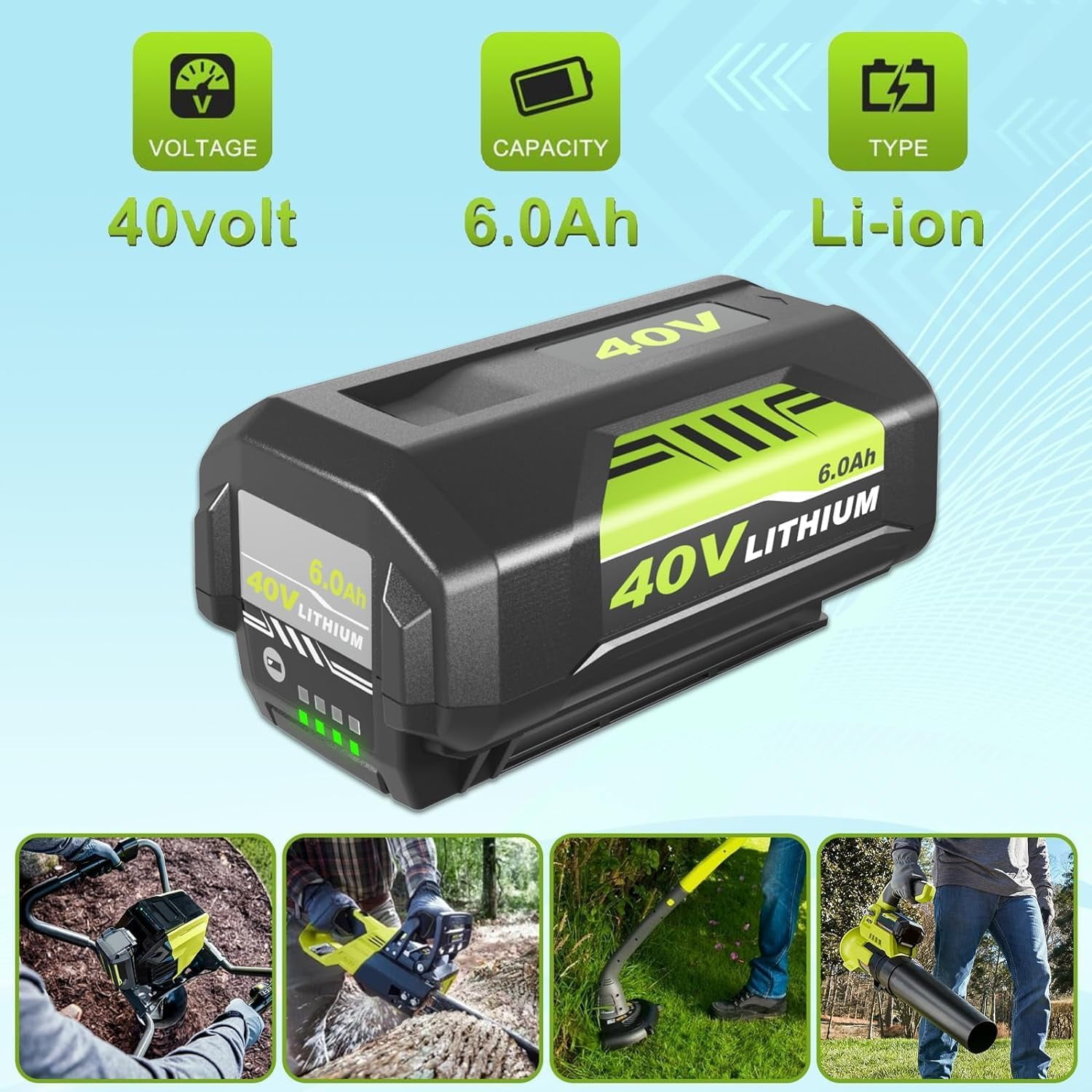 2Pack 40v 6000mAh  Replacement for Ryobi Battery 6.0Ah Compatible with Ryobi 40 Volt Battery Max Lithium  OP40401 OP4026  40V Cordless Power Tool