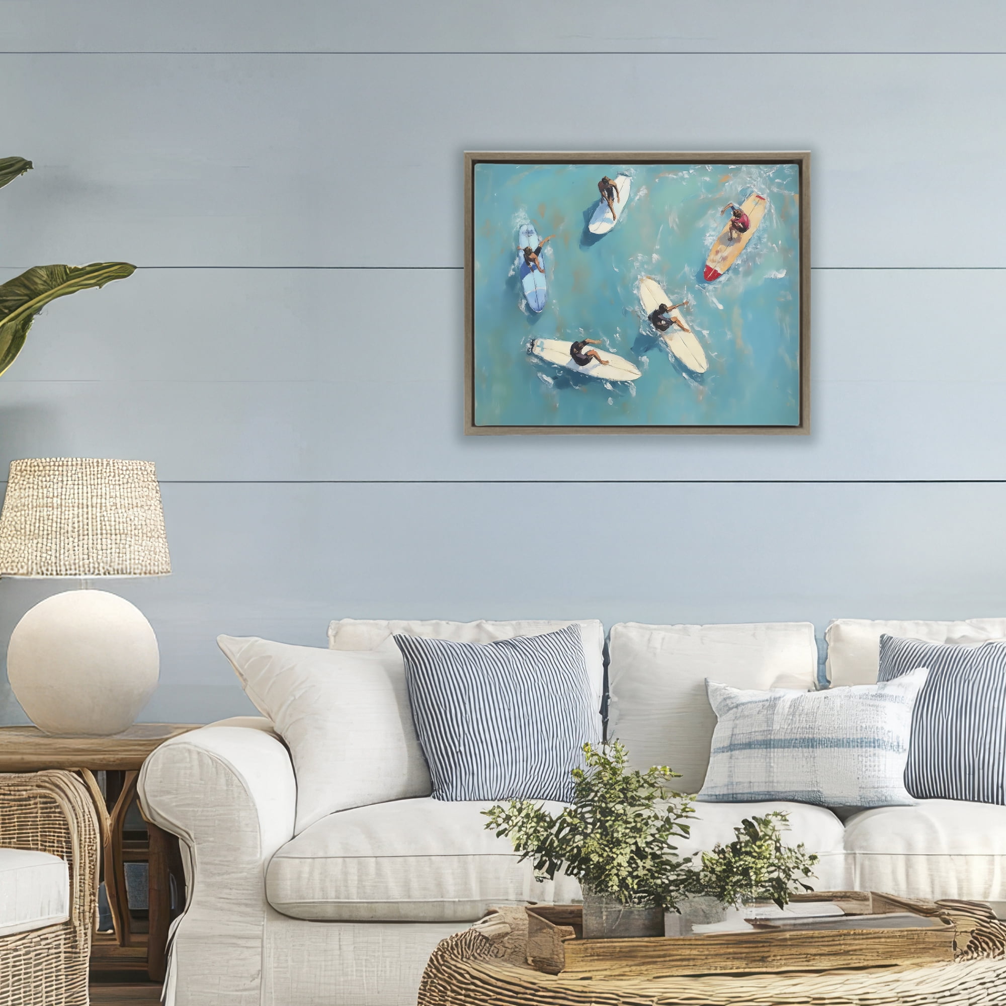 Stupell Industries Group of Surfers at Sea Brown Framed Floater Canvas Wall Art, design by LSR Design Studio