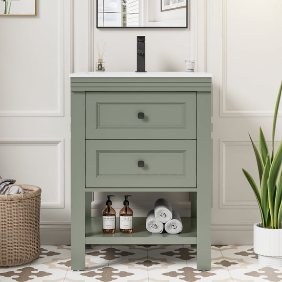 Eclife 24-inch Small Bathroom Vanity with Ceramic Sink Top, 2 Drawers, and Faucet