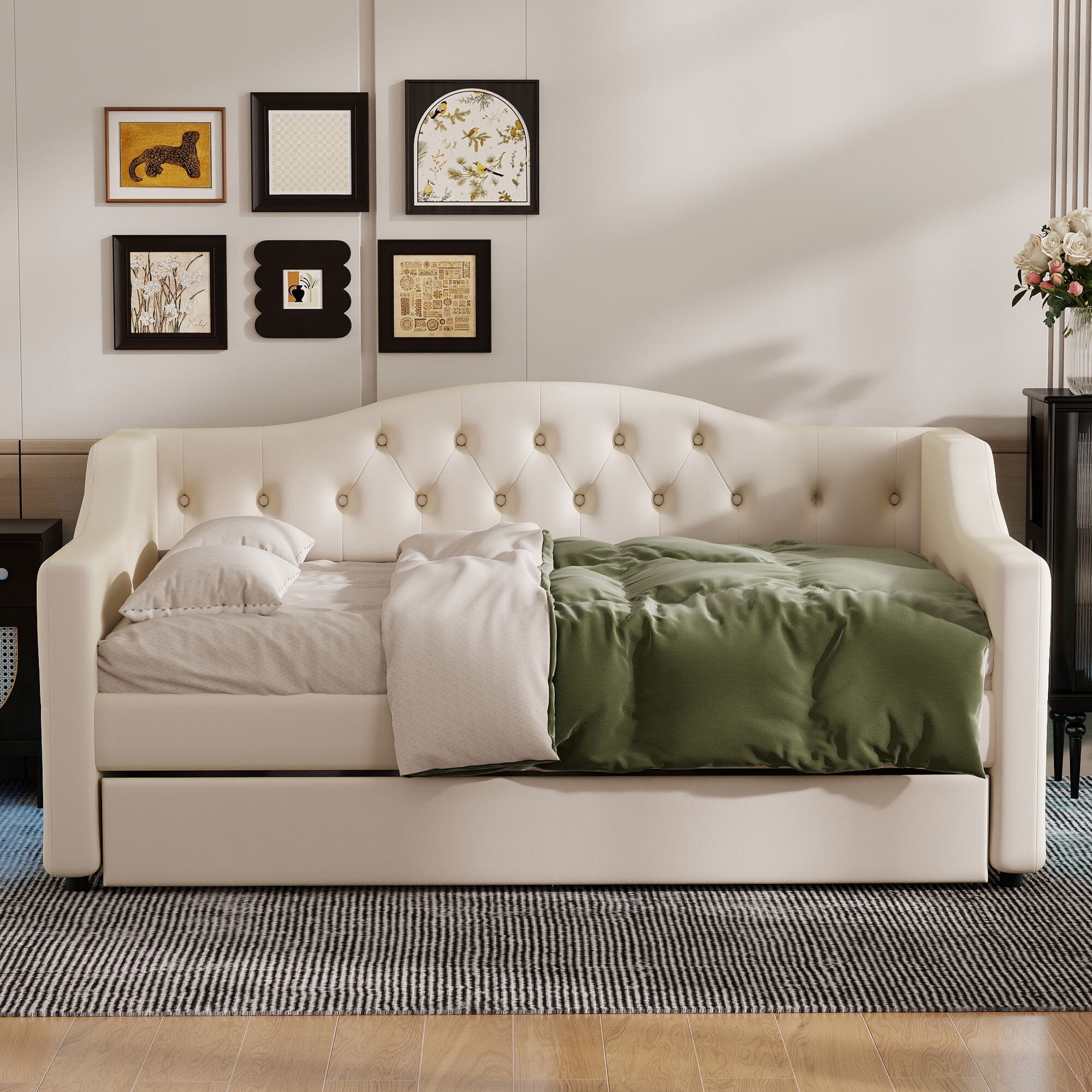 Euroco Upholstery Full XL Daybed with Trundle and LED Light, Beige
