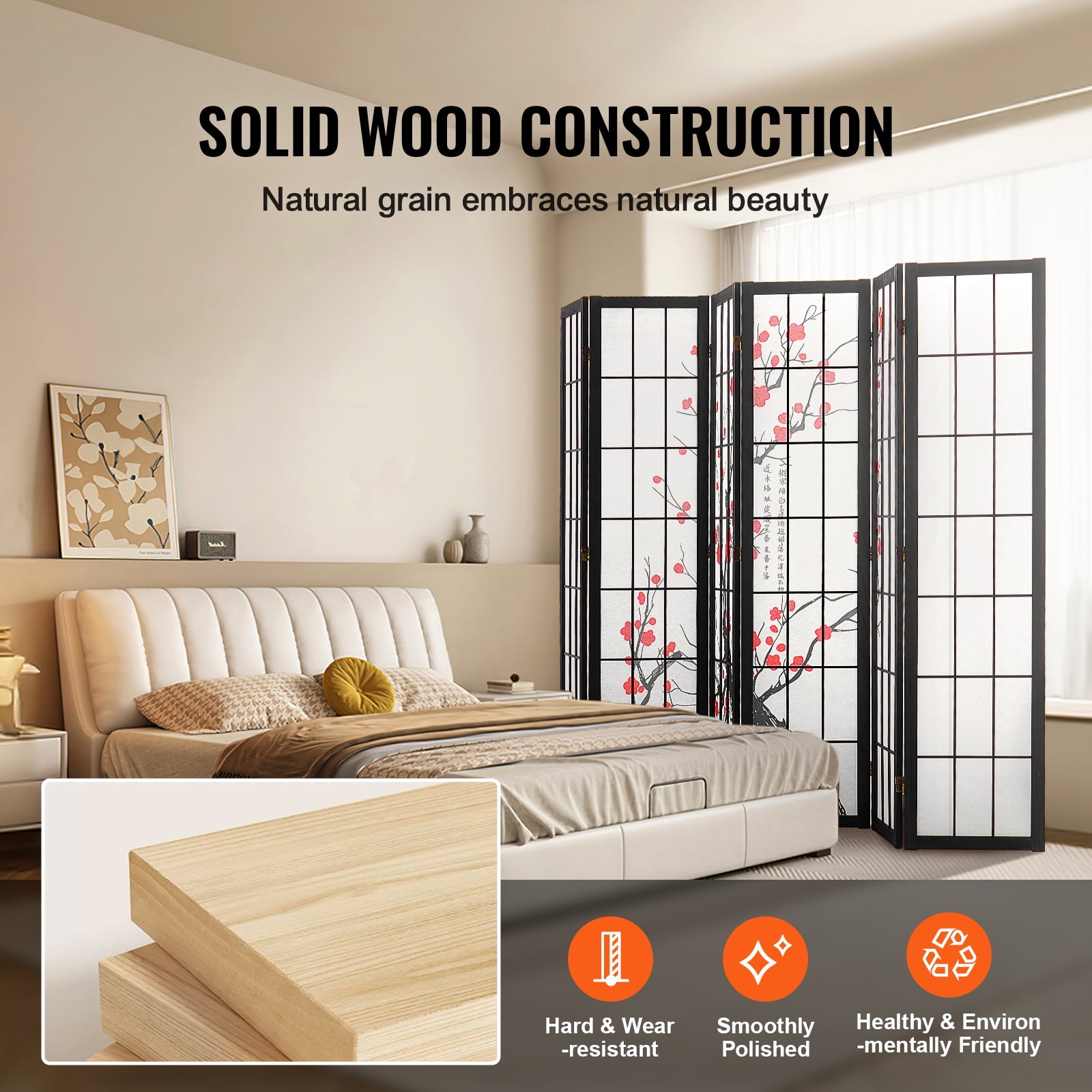 KFFKFF Partition Screen, 6-Section Indoor Privacy Barrier, Foldable Wooden Room Separator, Japanese-Style Portable Decorative Divider, Ideal for Living Space, Workspace, Dining Area