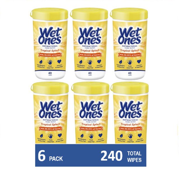 (6 Pk) Wet Ones Antibacterial Hand Wipes Canister, Tropical Splash, 40