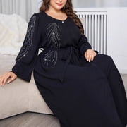 AURA Plus Size Rhinestone Maxi Dress Long Sleeve Elegant Commuting Polyester Long Skirt 0XL 4XL Black