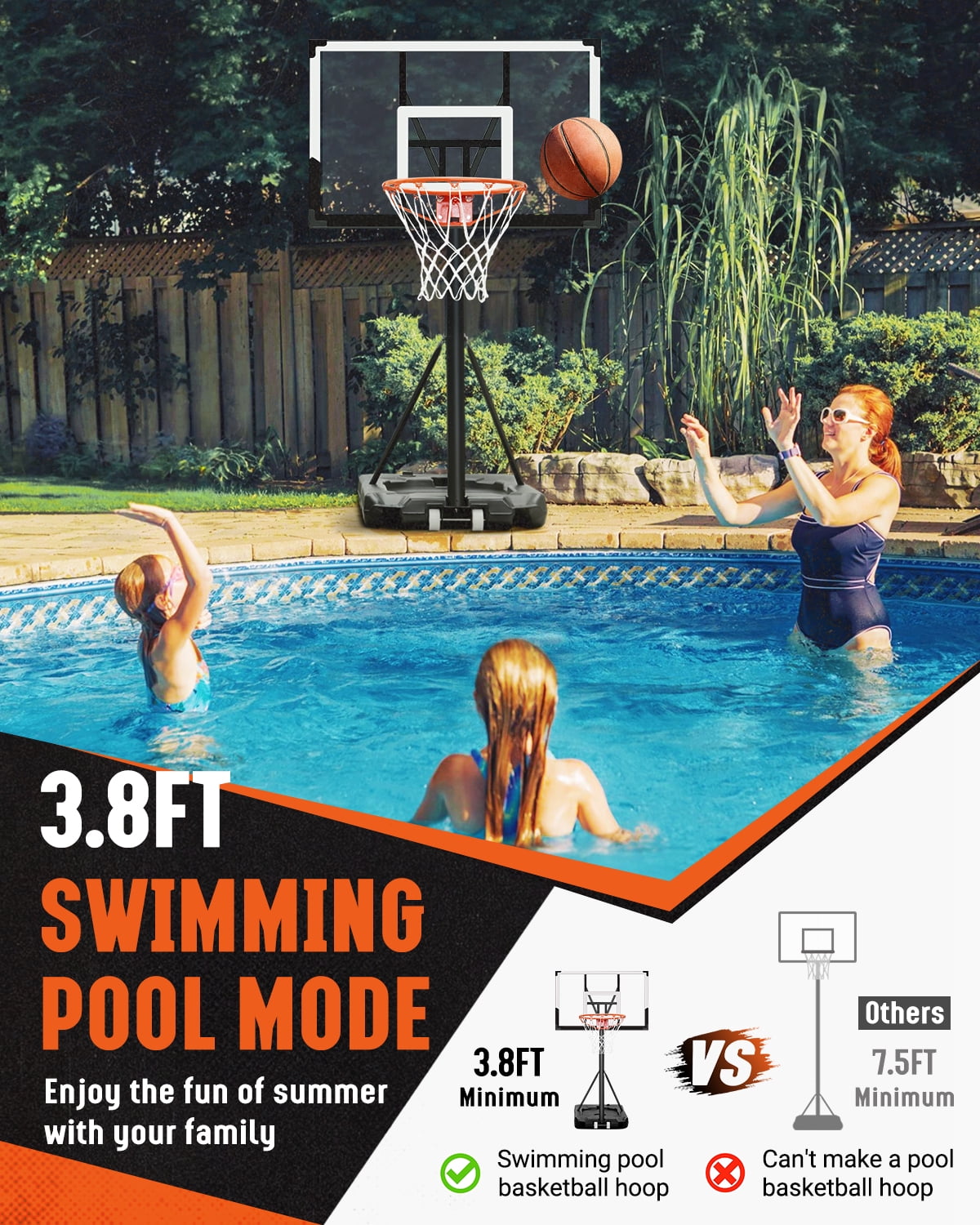 SERAY Basketball Hoop with 44 inch Backboard and 2 Wheels, Basketball Hoop Outdoor 3.8-10 feet Adjustable Height for Kids/Adults Outdoor/Indoor Sports