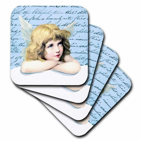 3dRose Blond hair Blue eye cherub - winged angel girl on cloud vintage art - light blue cupid shabby chic, Ceramic Tile Coasters, set of 4