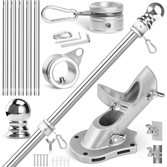 Flag Pole Kit- Stainless Steel 6 FT Flag Poles with1 Inch Metal 360° Rotating Flag Pole Rings Clip, Two-Position Flag Pole Holder Brackets Mounting for Outside House Outdoor Porch (6 FT-Sliver)