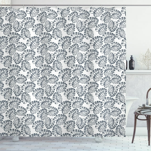 Ambesonne Exotic Shower Curtain, Sketchy Monstera Leaves Art, 69"Wx75"L, Dark Slate Blue White