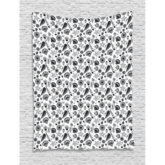 Shells Tapestry, Black and White Design Hand Drawn Hatched Figures of Underwater Habitants, Wall Hanging for Bedroom Living Room Dorm Decor, 60W X 80L Inches, Black and White, by Ambesonne